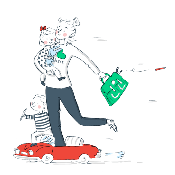 Drawing of a babysitter riding a car, with 2 children
