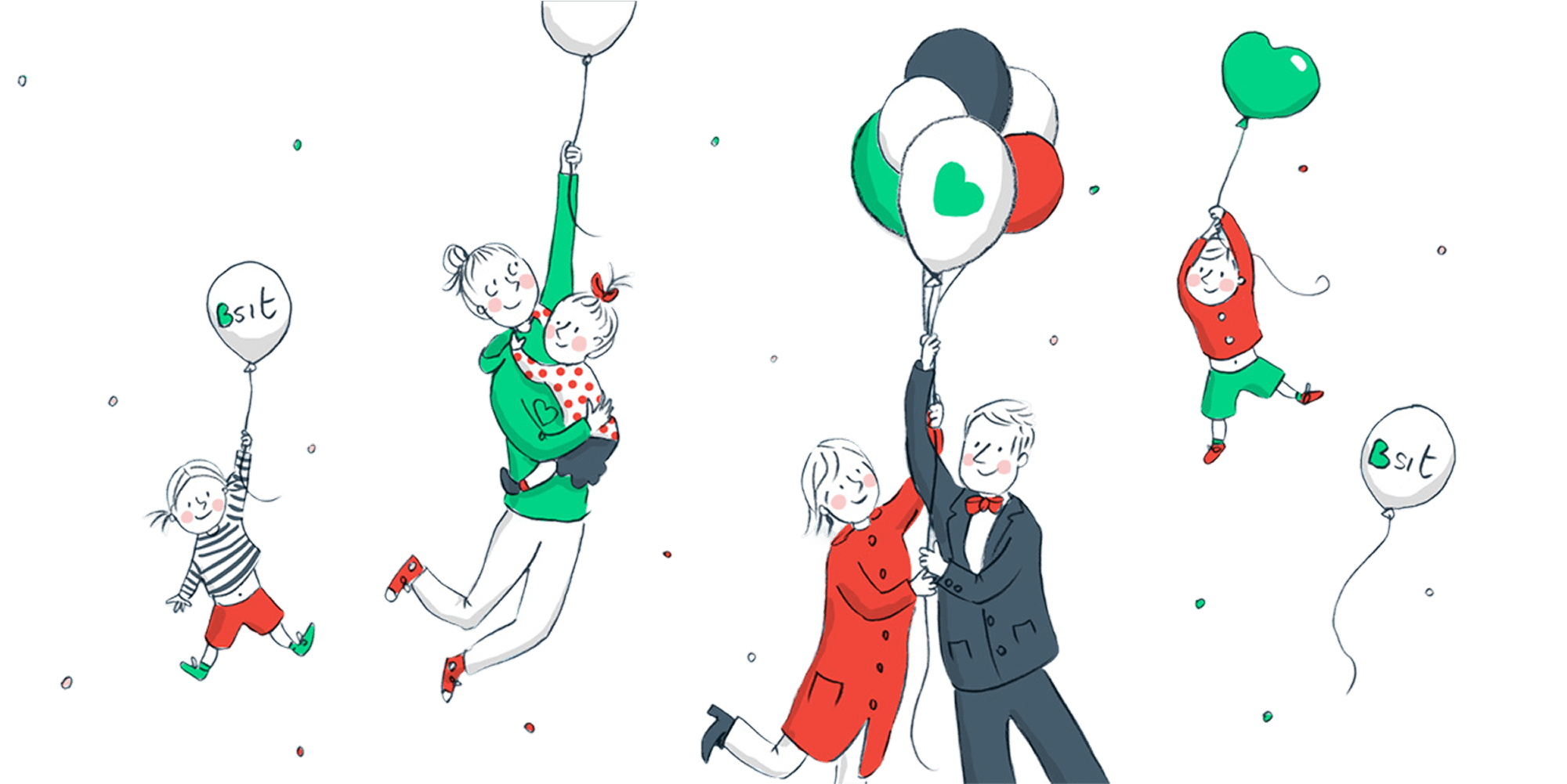 Drawing of a family and a babysitter holding balloons