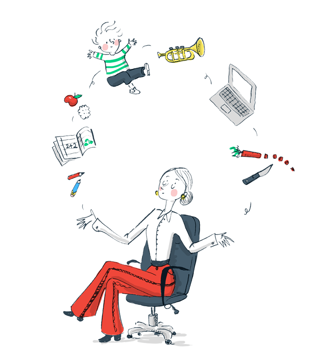 Drawing of a mother juggeling with her tasks