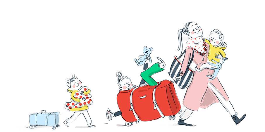 Drawing of a mom going on vacation with 2 children and a babysitter