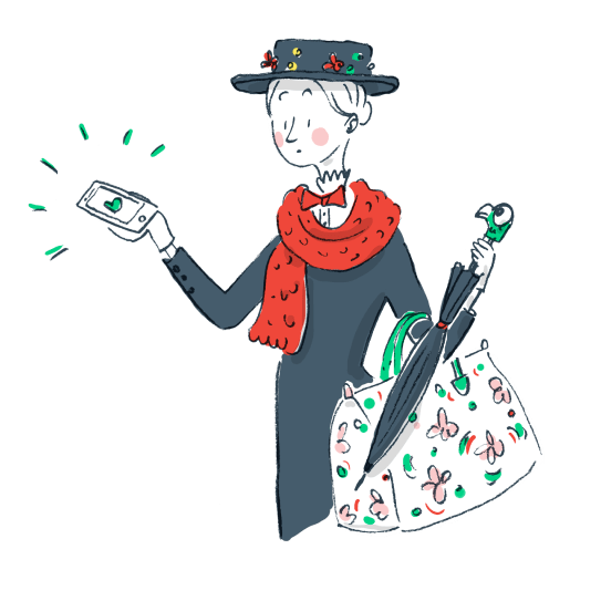Drawing of Mary Poppins holding a phone with Bsit opened