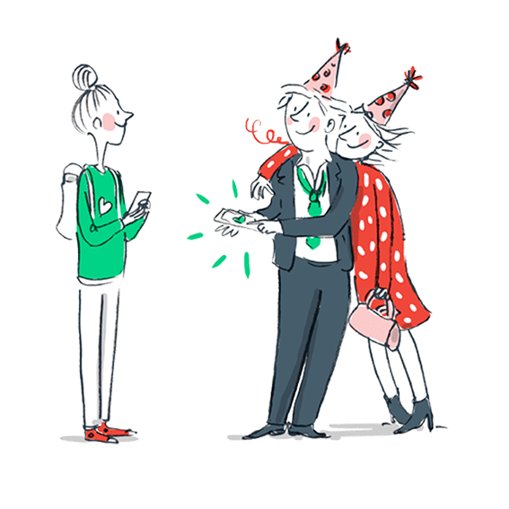 Drawing of a couple with party hats paying a babysitter with the Bsit app