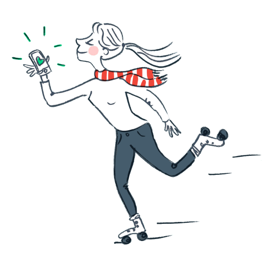 Drawing of a roller-skating babysitter holding a phone with the Bsit app opened