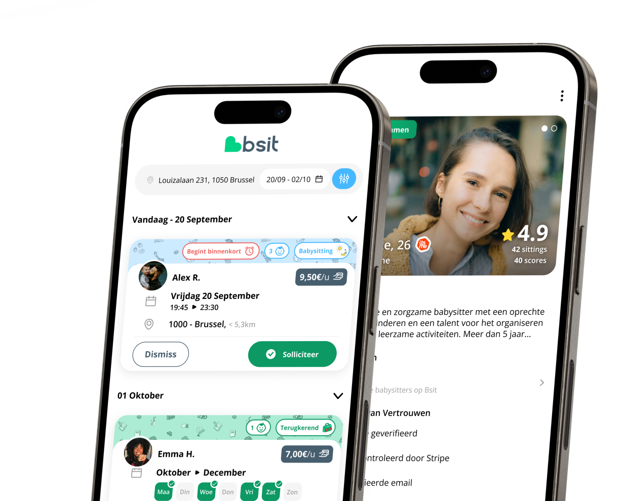 Voorbeeld van de hoofdpagina en een Sitterprofiel in de Bsit-app